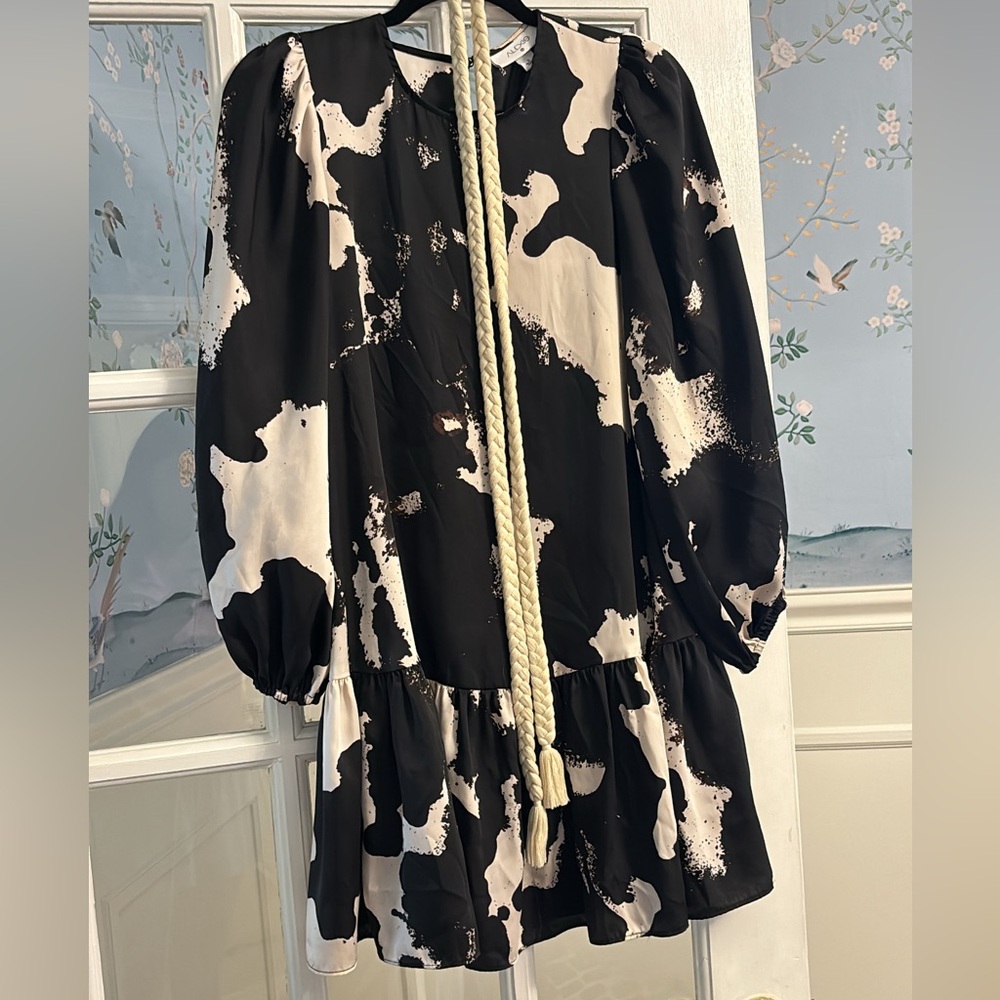 Black and White Patterned Dress with Rope Belt